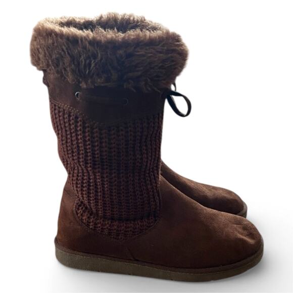 Faded Glory Women's Boots 6 Brown Crochet Faux Leather Faux Fur Lining Pull On - Picture 2 of 8